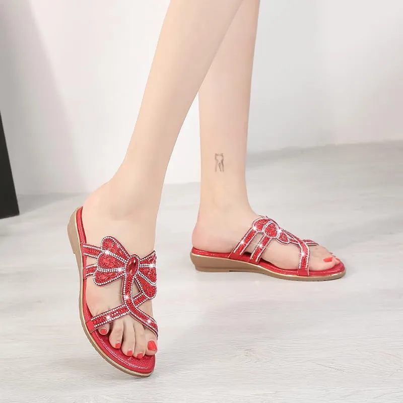 Comfortable Ladies Sandals Summer Bohemian Style Beach Shoes Dragonfly Rhinestone Flat Leisure Slippers
