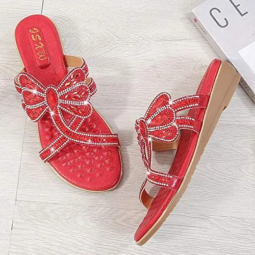 Comfortable Ladies Sandals Summer Bohemian Style Beach Shoes Dragonfly Rhinestone Flat Leisure Slippers