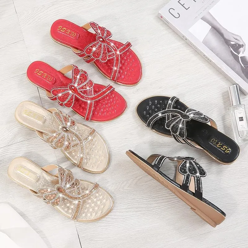Comfortable Ladies Sandals Summer Bohemian Style Beach Shoes Dragonfly Rhinestone Flat Leisure Slippers