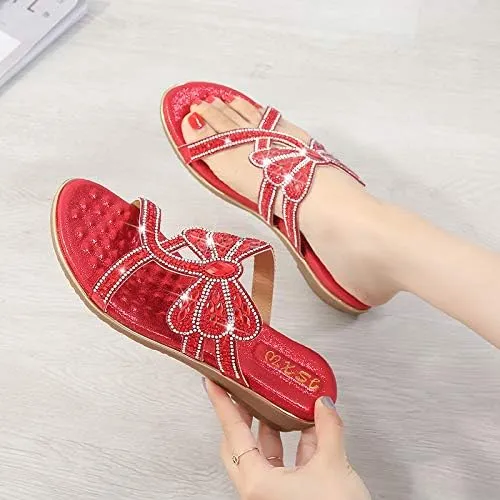 Comfortable Ladies Sandals Summer Bohemian Style Beach Shoes Dragonfly Rhinestone Flat Leisure Slippers