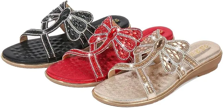 Comfortable Ladies Sandals Summer Bohemian Style Beach Shoes Dragonfly Rhinestone Flat Leisure Slippers