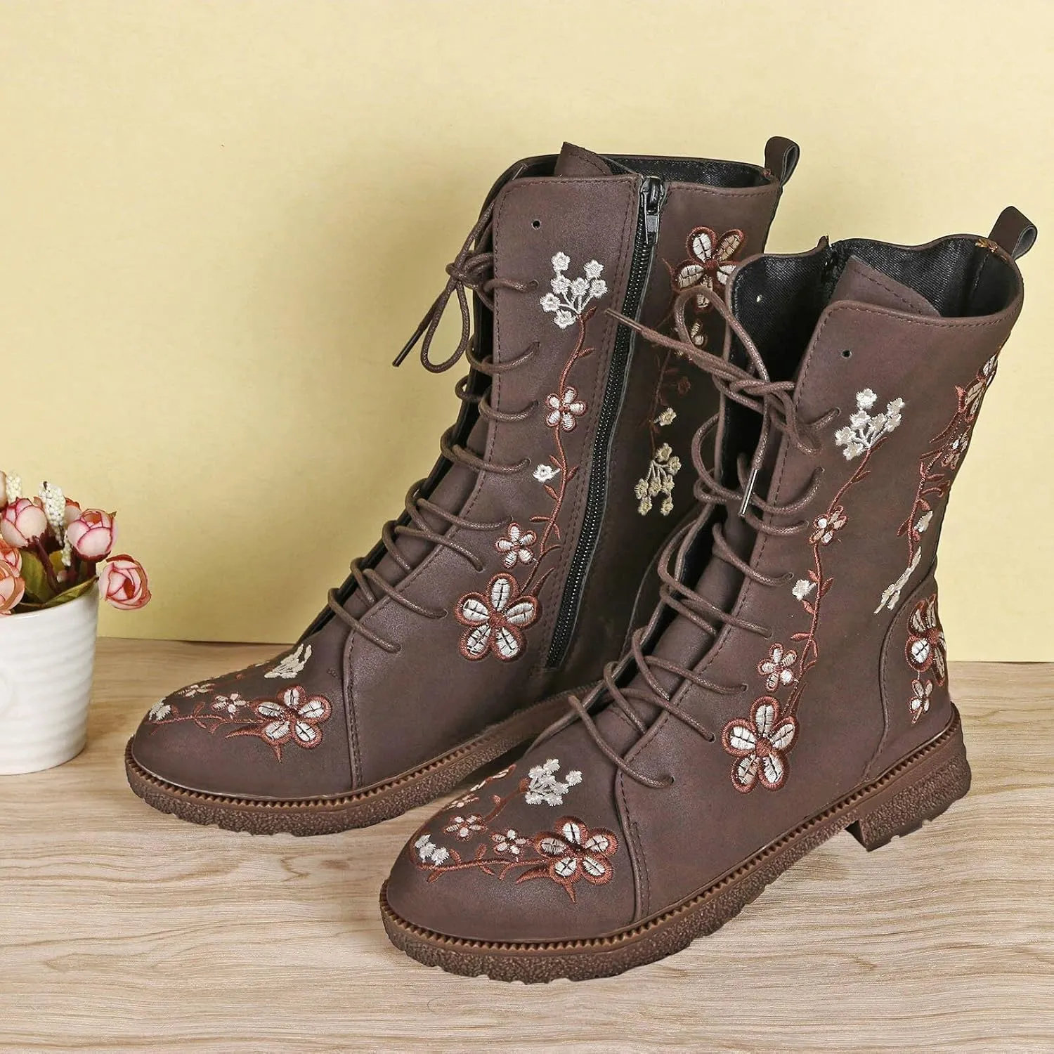 Crzidha Combat Boots for Women Vintage,Classic Side Zipper Lace Up Low Heel Riding Ankle Boots Chic Stylish Floral Embroidered Suede Boots Casual Winter Fall Walking Travel Flat Shoes