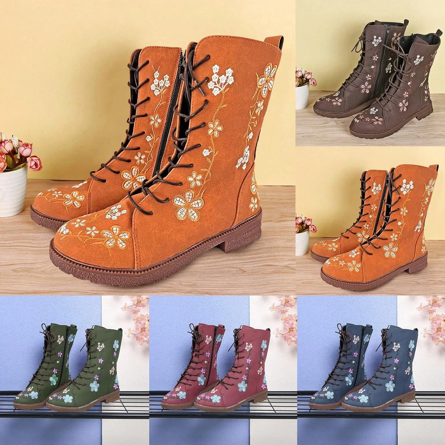 Crzidha Combat Boots for Women Vintage,Classic Side Zipper Lace Up Low Heel Riding Ankle Boots Chic Stylish Floral Embroidered Suede Boots Casual Winter Fall Walking Travel Flat Shoes