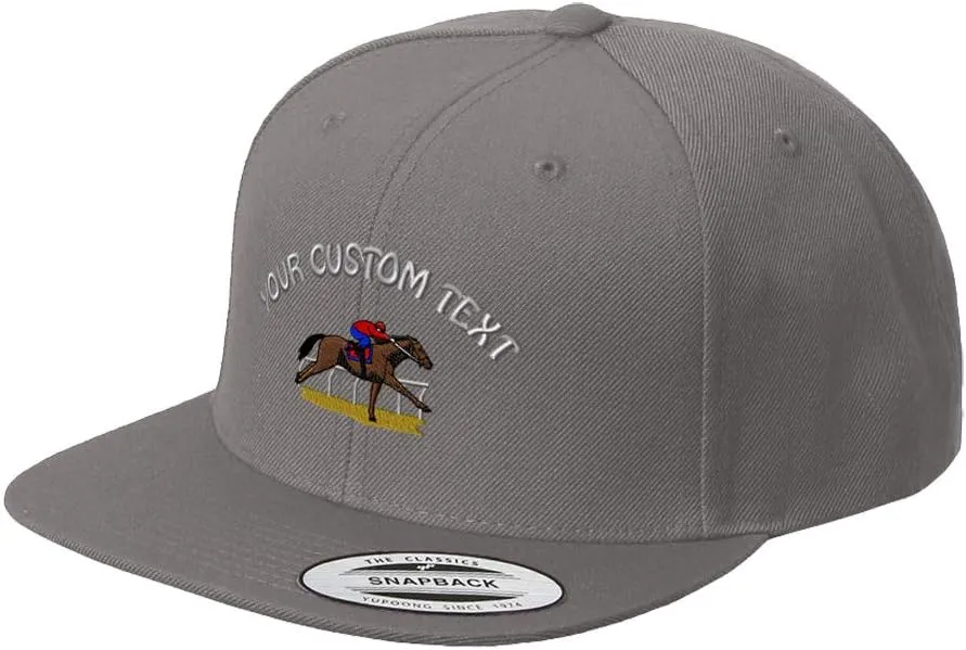 Custom Snapback Hats for Men & Women Western Racehorse Horse Racing Sports Acrylic Flat Bill Baseball Cap Dark Grey Personalized Text Here