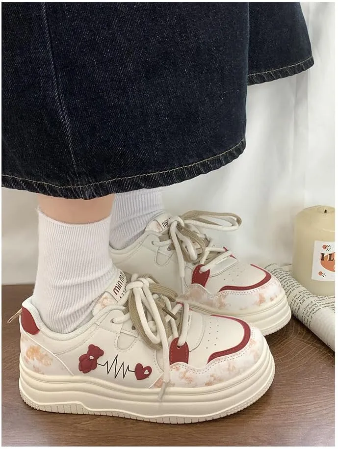 Cute Bear Shoes Thick Sole Y2K Chunky Sneaker Platform Kawaii Japanese Retro Colorful Pretty Pastel Aesthetic Pink Elevated Lug White Trainer for Women Girl Casual School Summer Travel