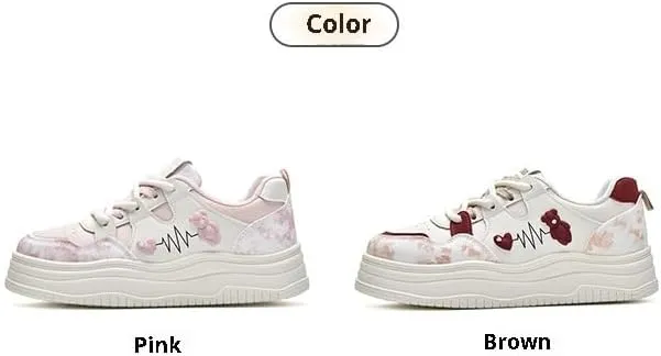 Cute Bear Shoes Thick Sole Y2K Chunky Sneaker Platform Kawaii Japanese Retro Colorful Pretty Pastel Aesthetic Pink Elevated Lug White Trainer for Women Girl Casual School Summer Travel