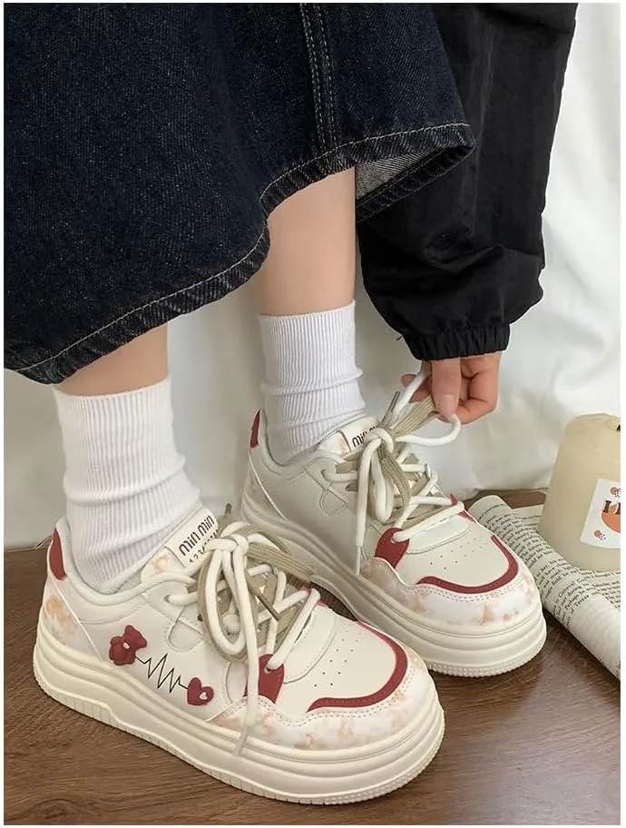 Cute Bear Shoes Thick Sole Y2K Chunky Sneaker Platform Kawaii Japanese Retro Colorful Pretty Pastel Aesthetic Pink Elevated Lug White Trainer for Women Girl Casual School Summer Travel