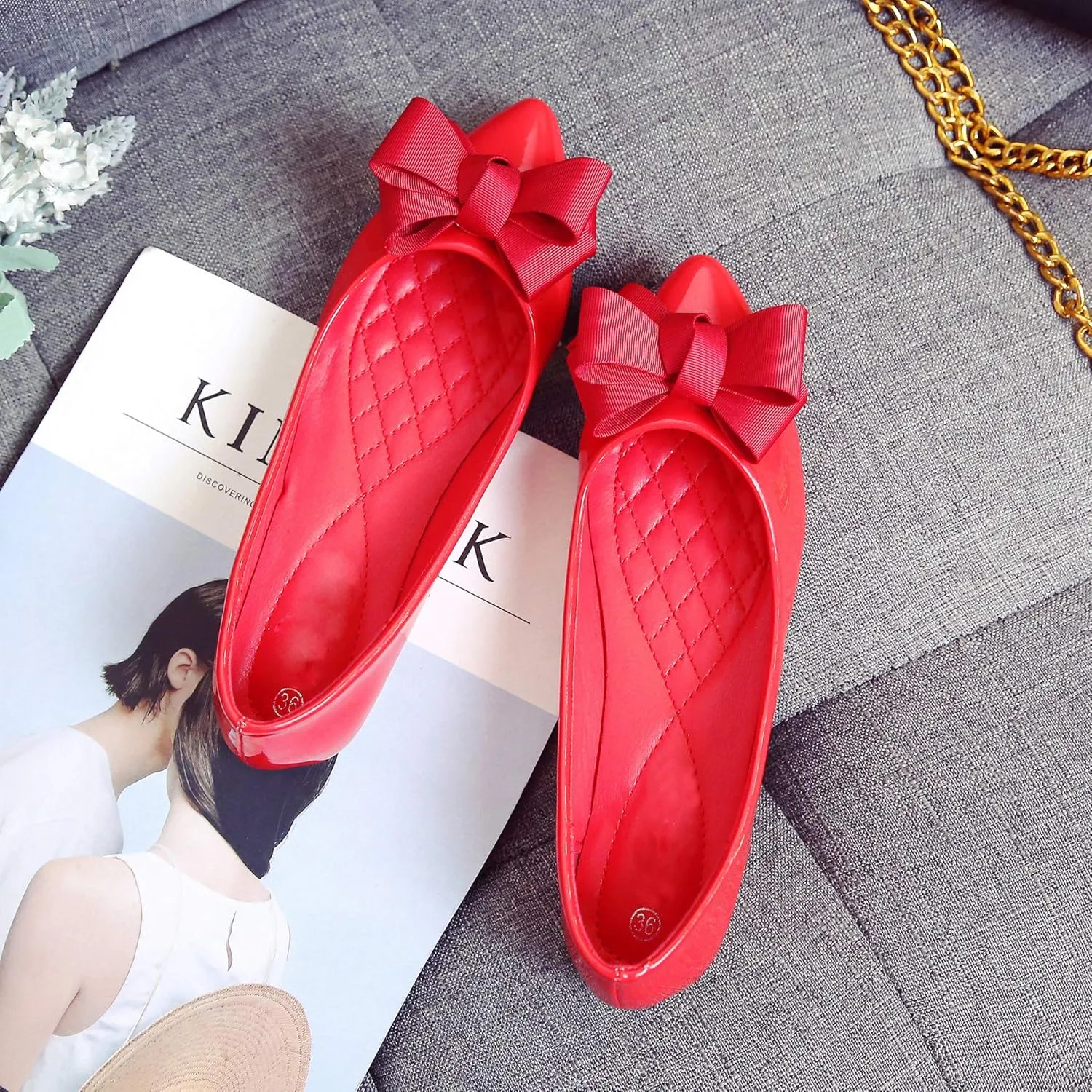 Dear Time Women's Patent Leather Ballet Flat with Bow Comfortable Pointy Slip-on Loafers