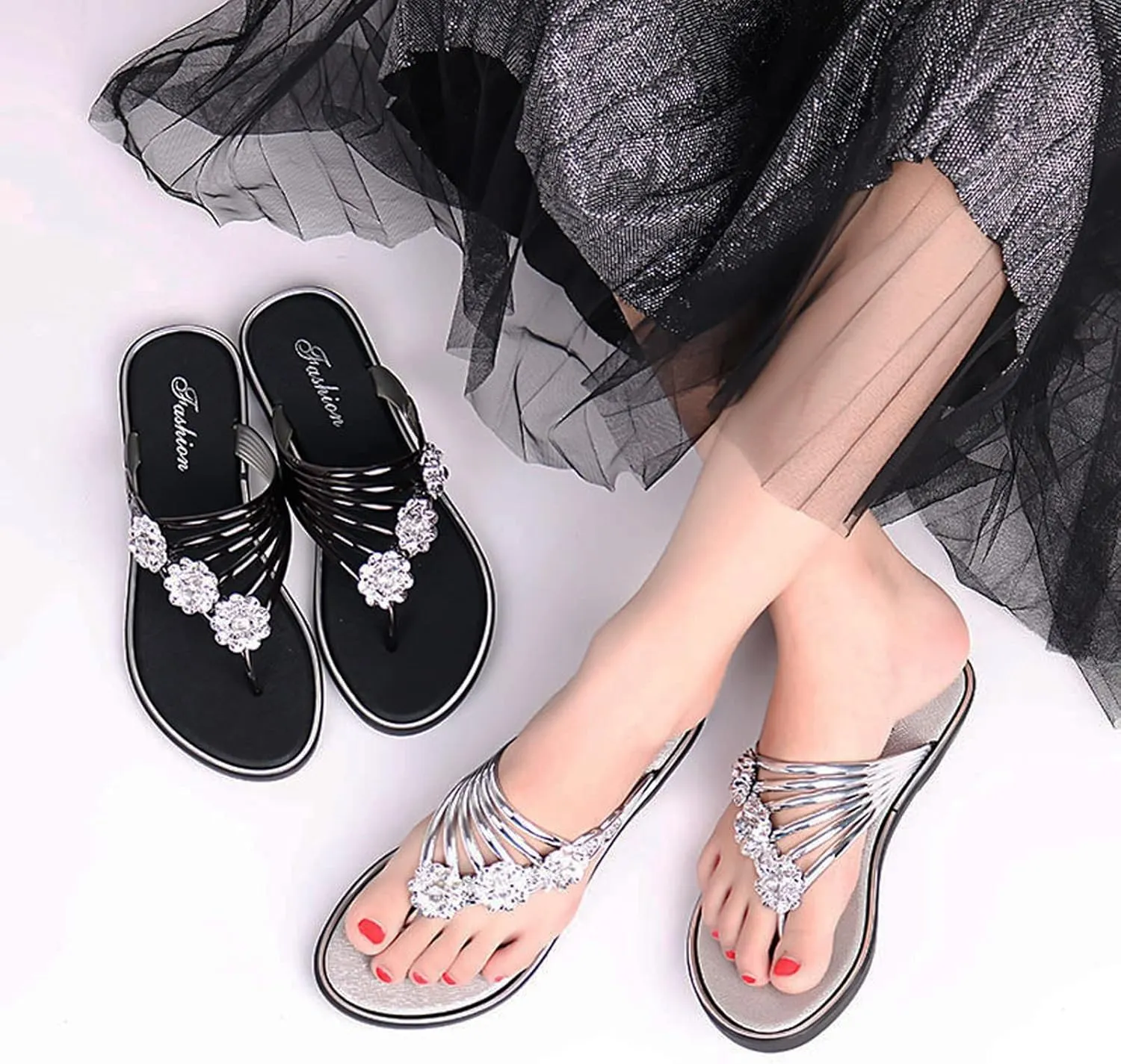 DirraBra Women's Rhinestone Rose Open Toe Flip Flops Summer Fashion Slippers New Sandals Comfortable Non-Slip Flat Slippers
