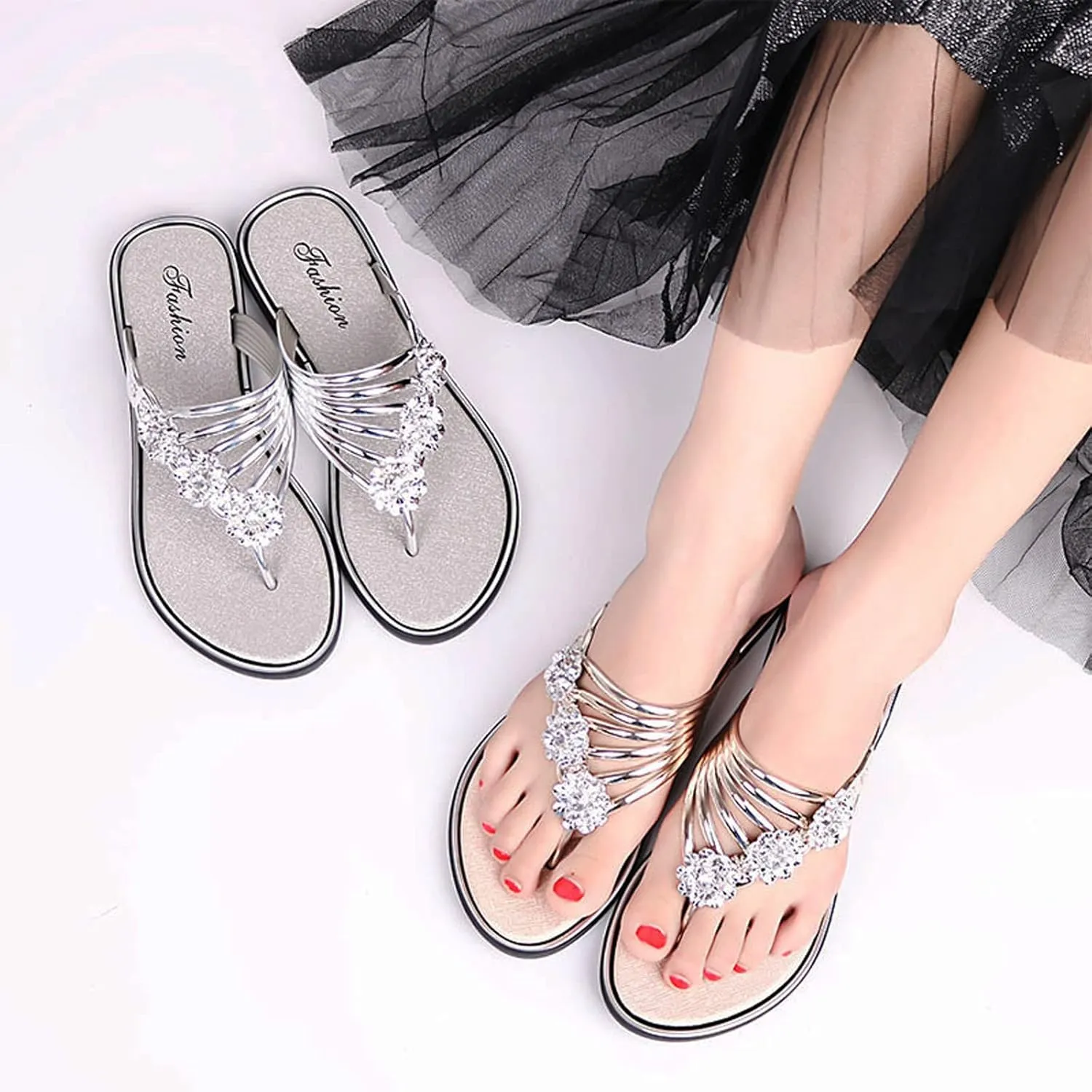 DirraBra Women's Rhinestone Rose Open Toe Flip Flops Summer Fashion Slippers New Sandals Comfortable Non-Slip Flat Slippers