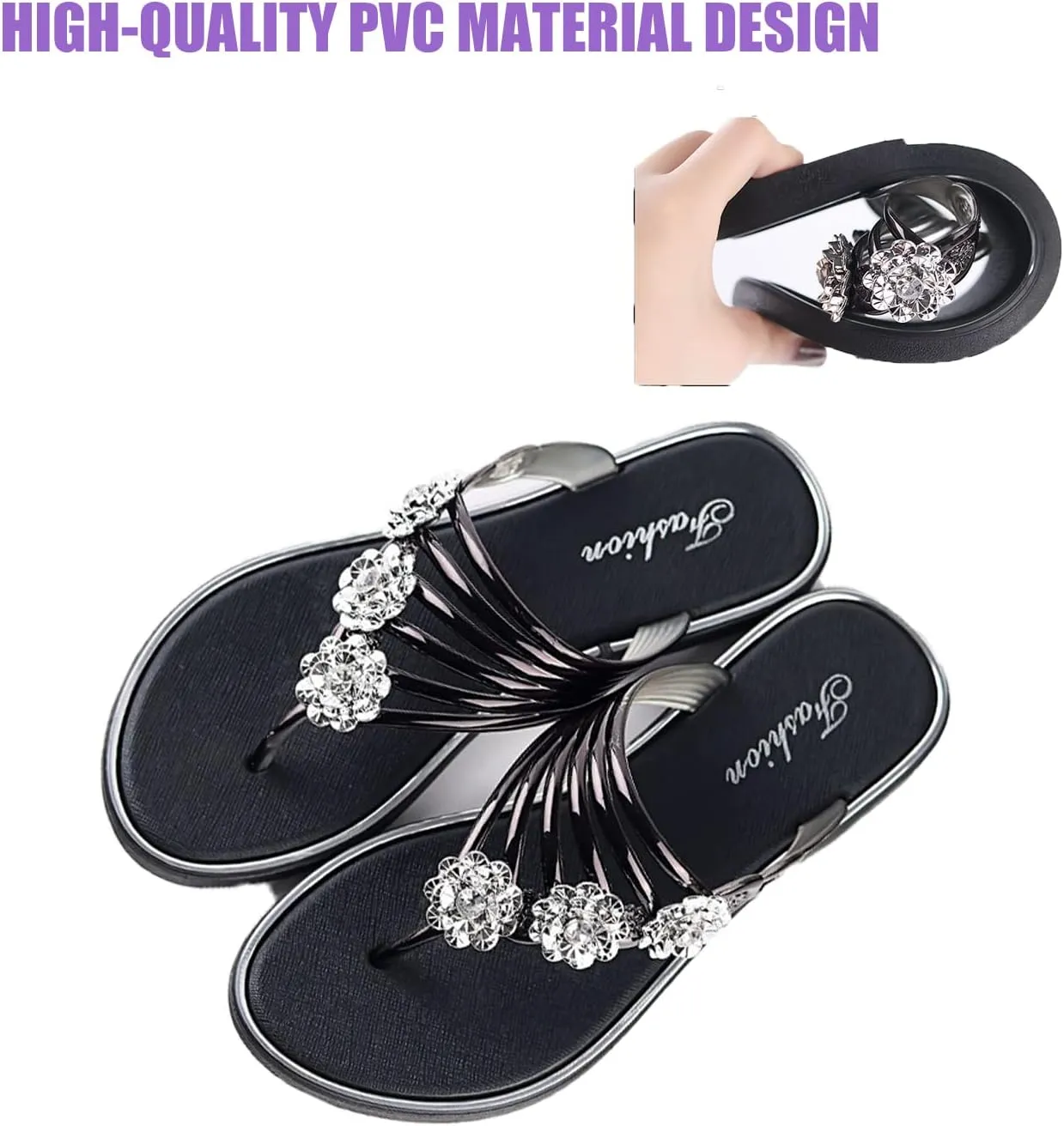 DirraBra Women's Rhinestone Rose Open Toe Flip Flops Summer Fashion Slippers New Sandals Comfortable Non-Slip Flat Slippers