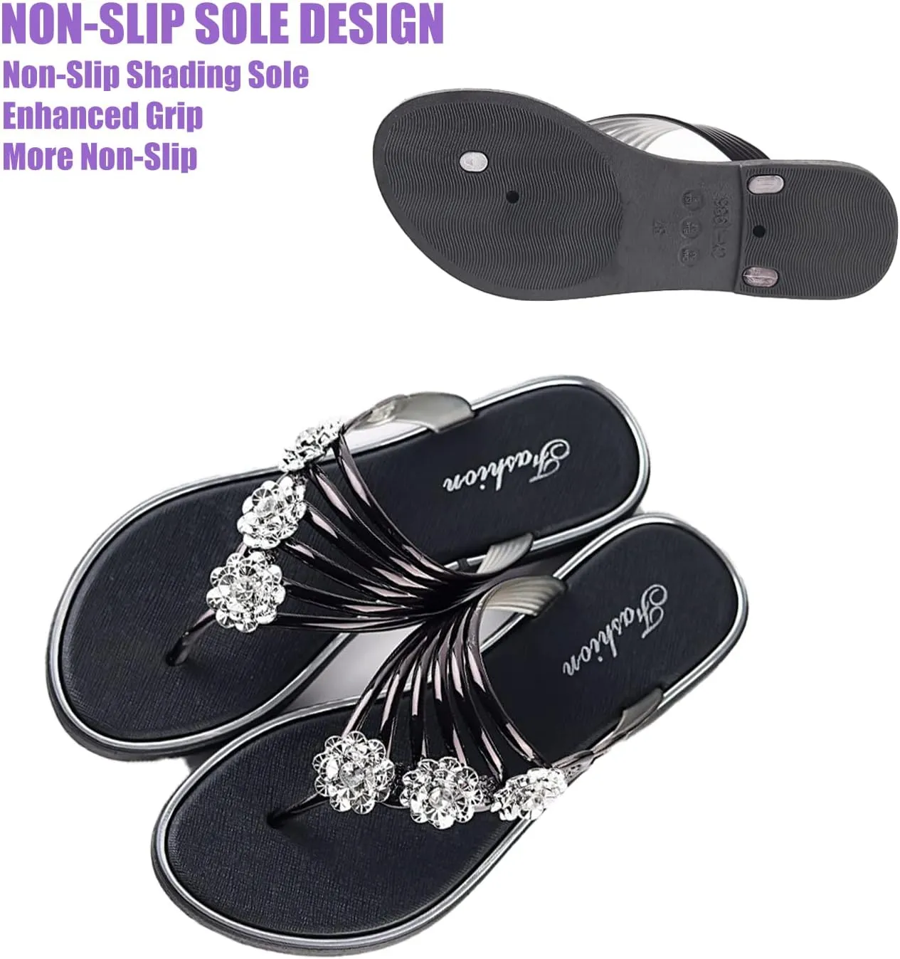 DirraBra Women's Rhinestone Rose Open Toe Flip Flops Summer Fashion Slippers New Sandals Comfortable Non-Slip Flat Slippers