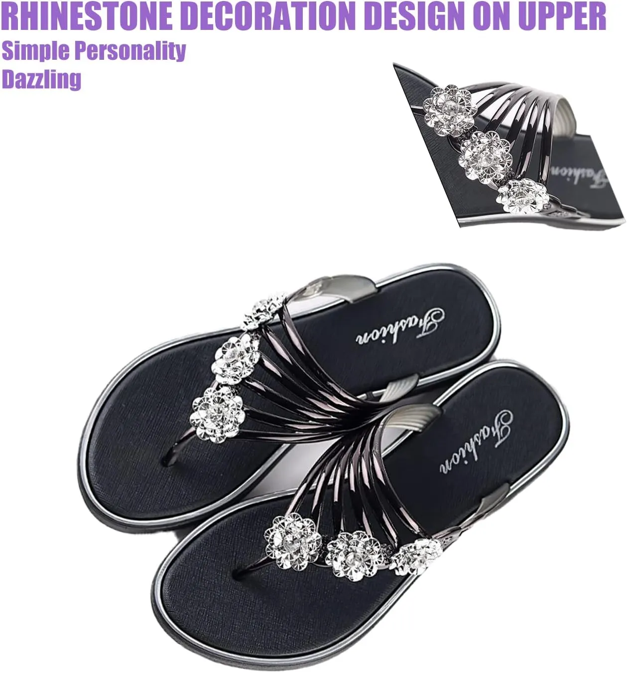 DirraBra Women's Rhinestone Rose Open Toe Flip Flops Summer Fashion Slippers New Sandals Comfortable Non-Slip Flat Slippers