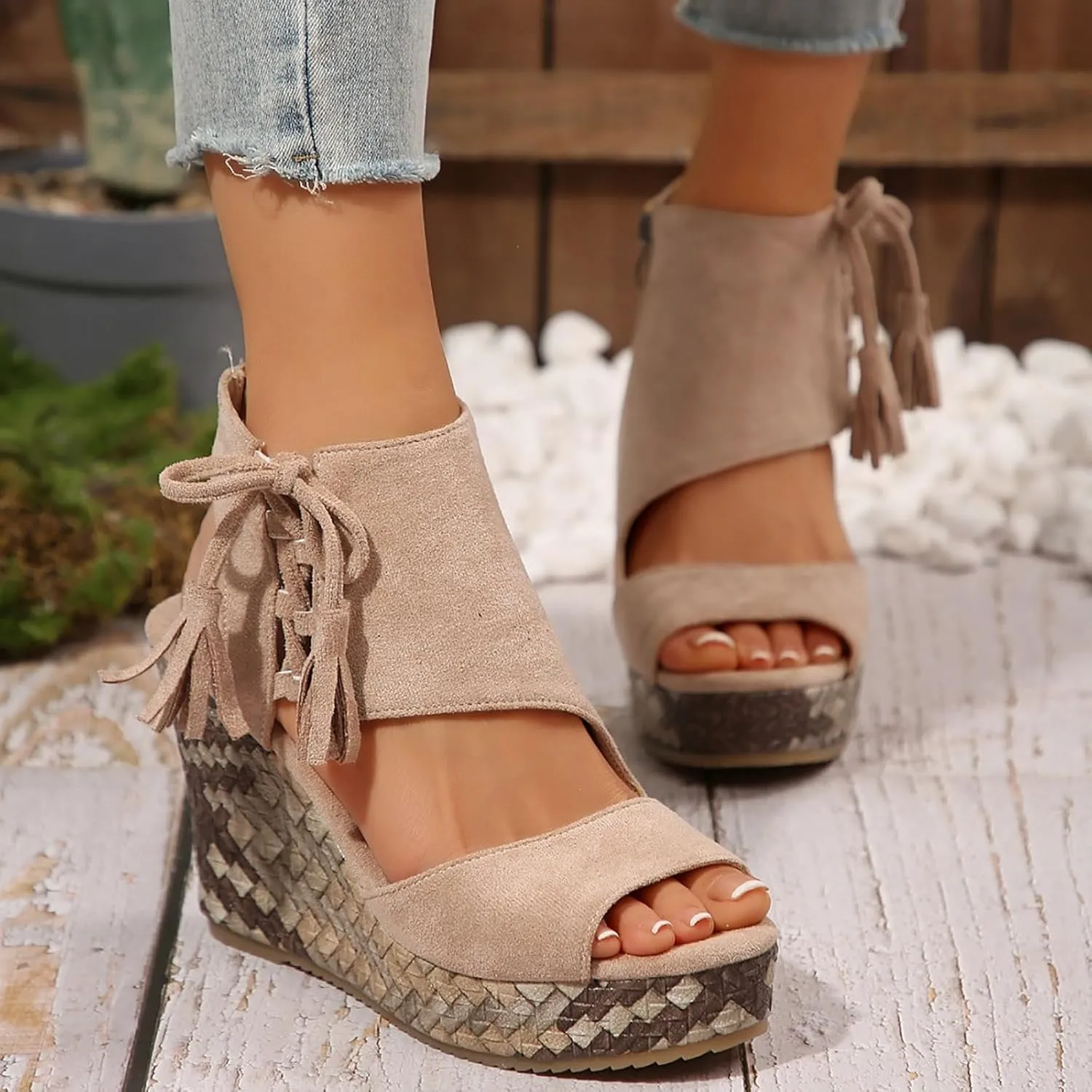 Dressy Sandals Women Hollow Out Zipper Peep Toe Sandals Comfortable Boho Espadrilles Wedges 2025 Summer Casual Slingback Shoes