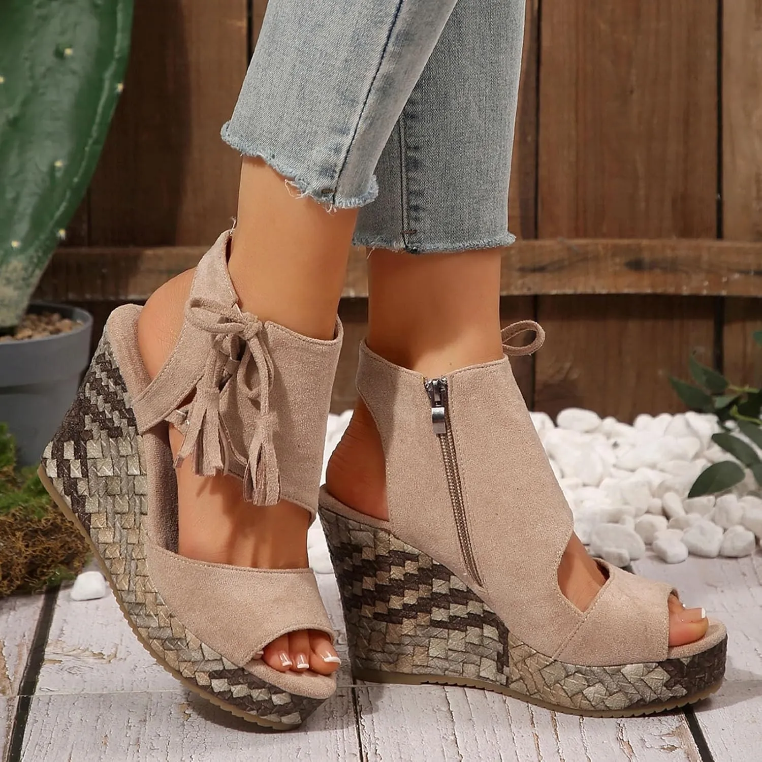 Dressy Sandals Women Hollow Out Zipper Peep Toe Sandals Comfortable Boho Espadrilles Wedges 2025 Summer Casual Slingback Shoes