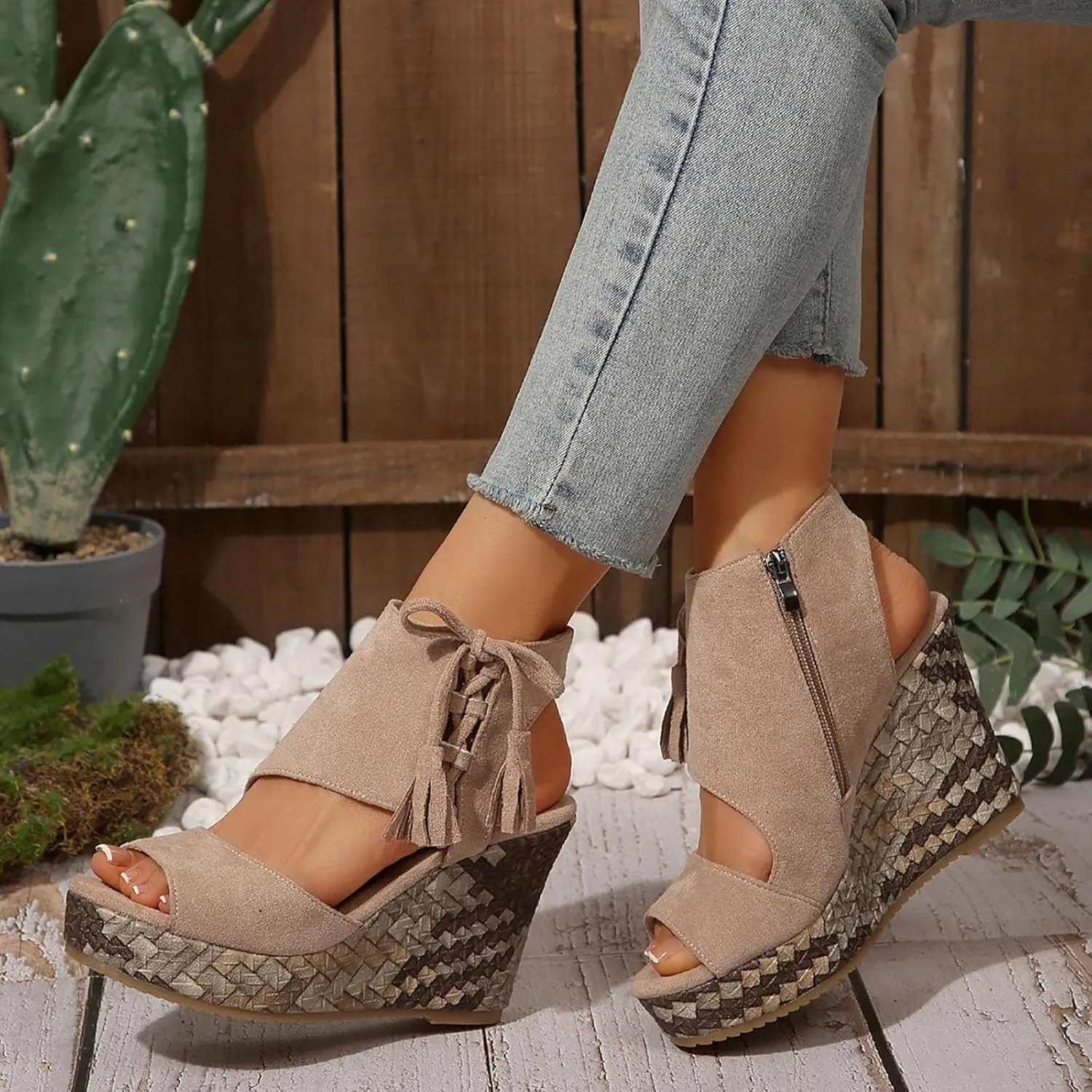 Dressy Sandals Women Hollow Out Zipper Peep Toe Sandals Comfortable Boho Espadrilles Wedges 2025 Summer Casual Slingback Shoes