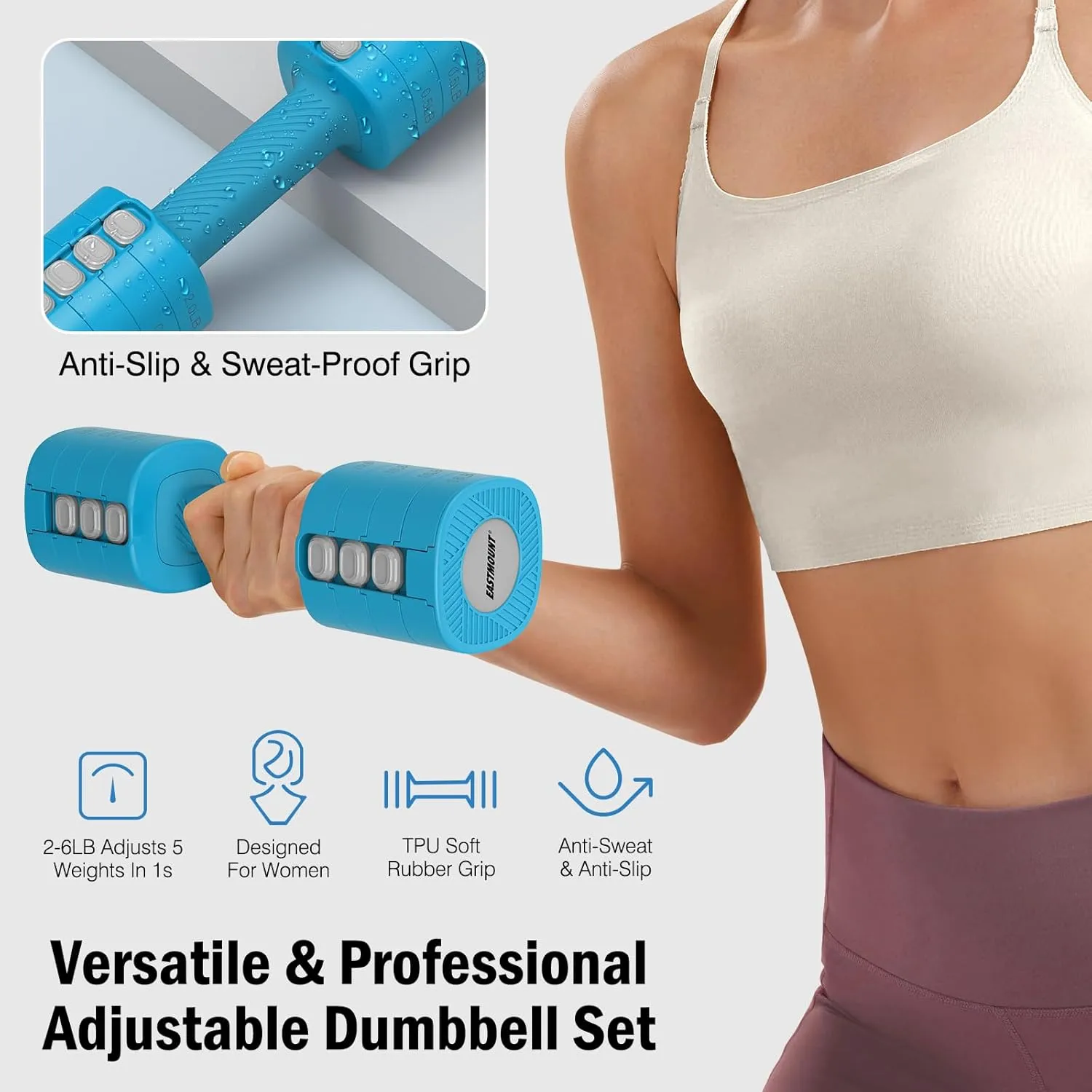EAST MOUNT Adjustable Weight Dumbbells Set of 2, 8 in 1 Hand Weights for Women 2lb/3lb/4lb/5lb/6lb Dumbbell Weights Set 12 lbs/Pair Hand Weights for Home Office Gym Workout