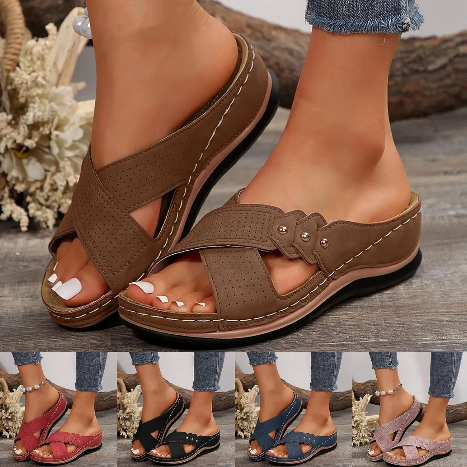 Eduavar Womens Sandals Summer Beach Orthotic Platform Slip On Slippers with Arch Support Comfortable Wedge Walking Sandals