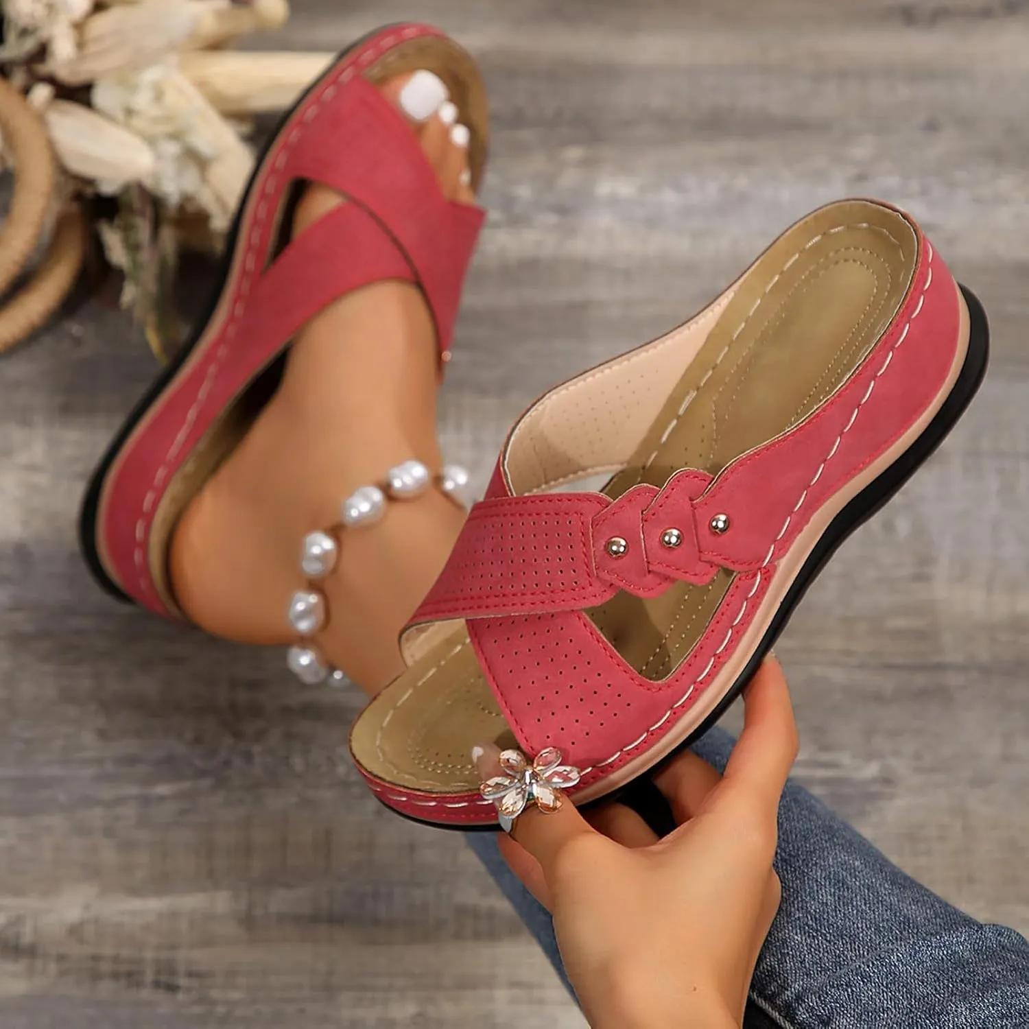 Eduavar Womens Sandals Summer Beach Orthotic Platform Slip On Slippers with Arch Support Comfortable Wedge Walking Sandals