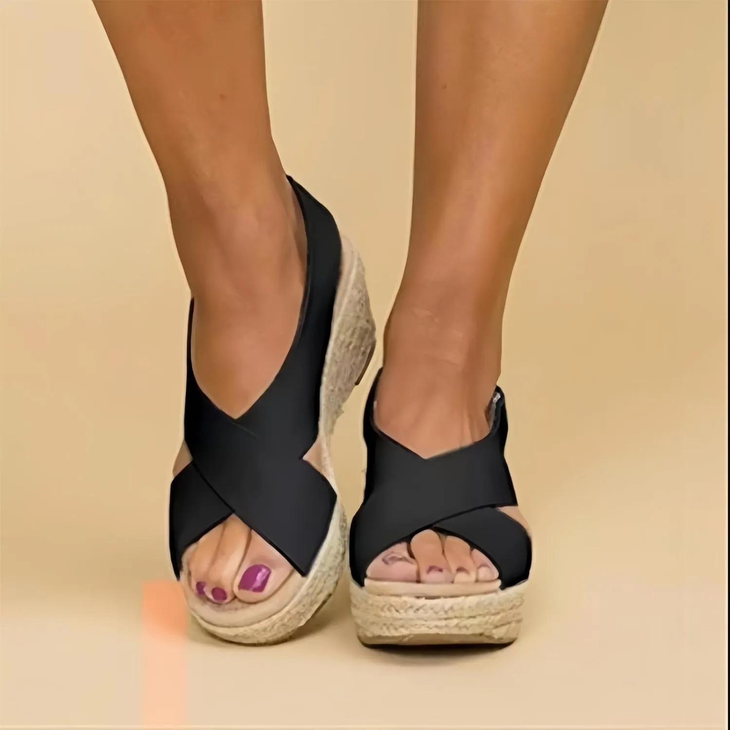 Espadrille Sandals for Women Platform Wedge Sandals Cross Strap Open Toe Espadrilles, Wide Width Comfortable Orthopedic Wedges Ankle Strap Slip on Casual Walking Shoes