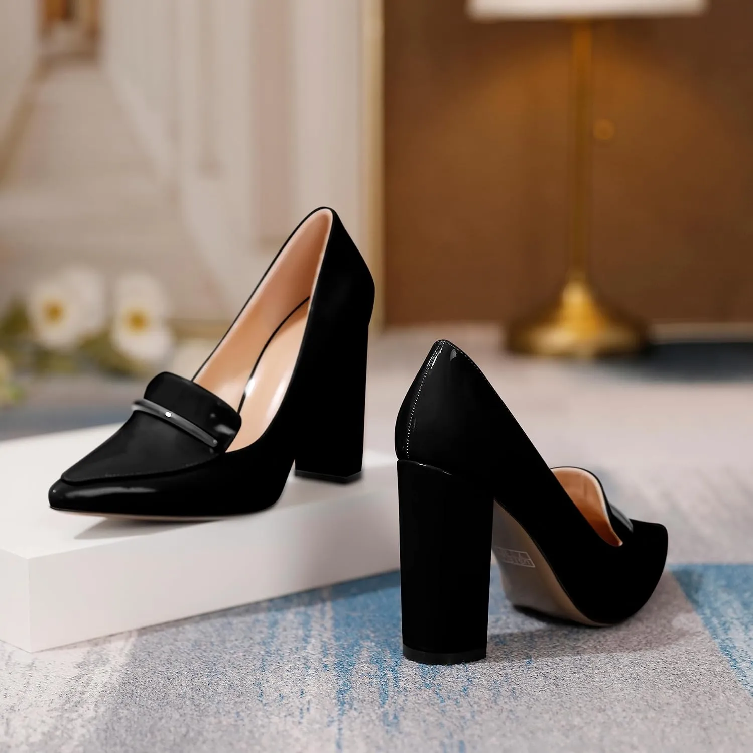 Esvowido Women's Chunky Heel Loafer Pumps with Trim High Block Heels Slip on Dress Shoes for Wedding Party Casual