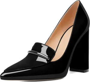 Esvowido Women's Chunky Heel Loafer Pumps with Trim High Block Heels Slip on Dress Shoes for Wedding Party Casual