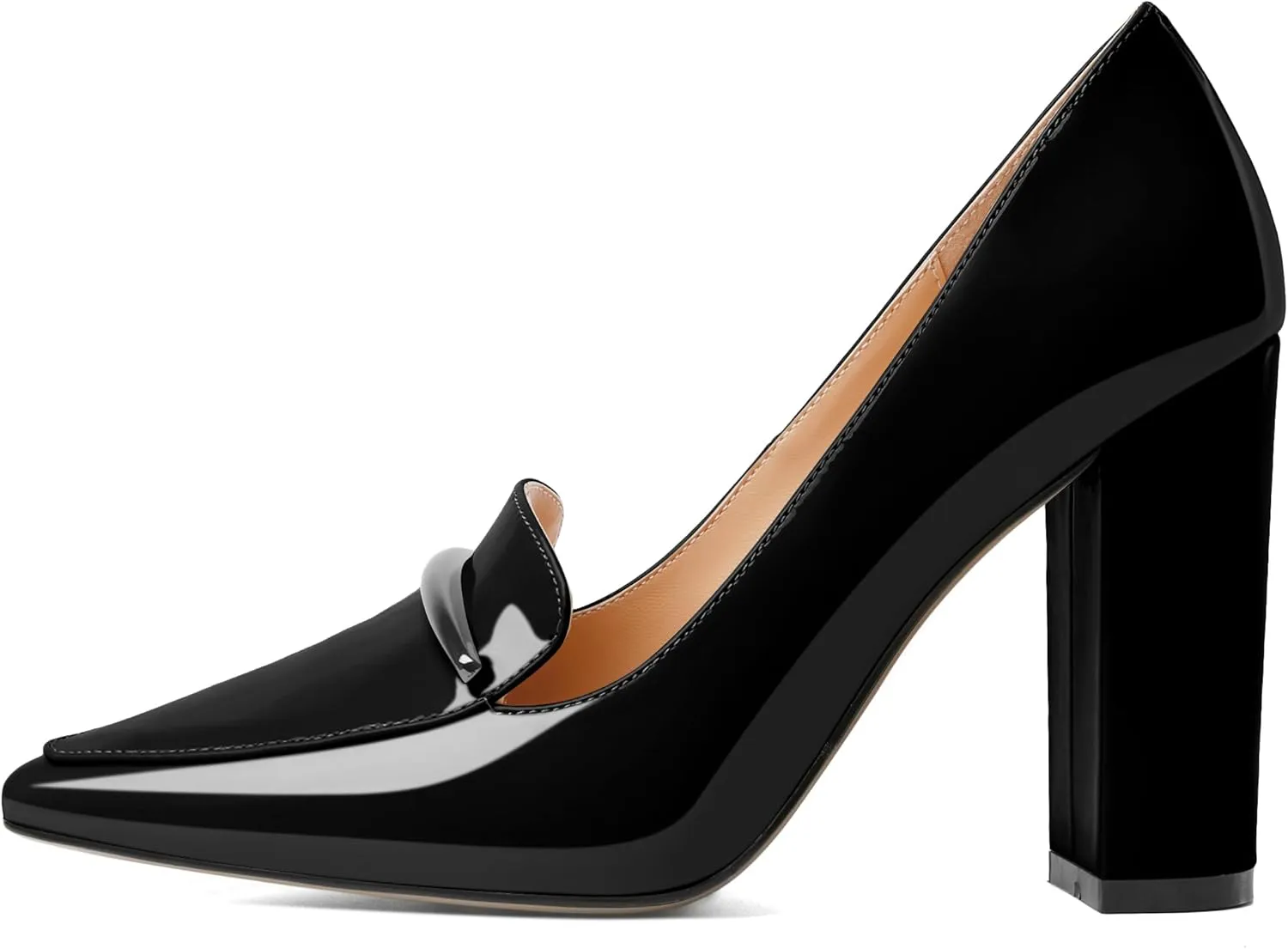 Esvowido Women's Chunky Heel Loafer Pumps with Trim High Block Heels Slip on Dress Shoes for Wedding Party Casual
