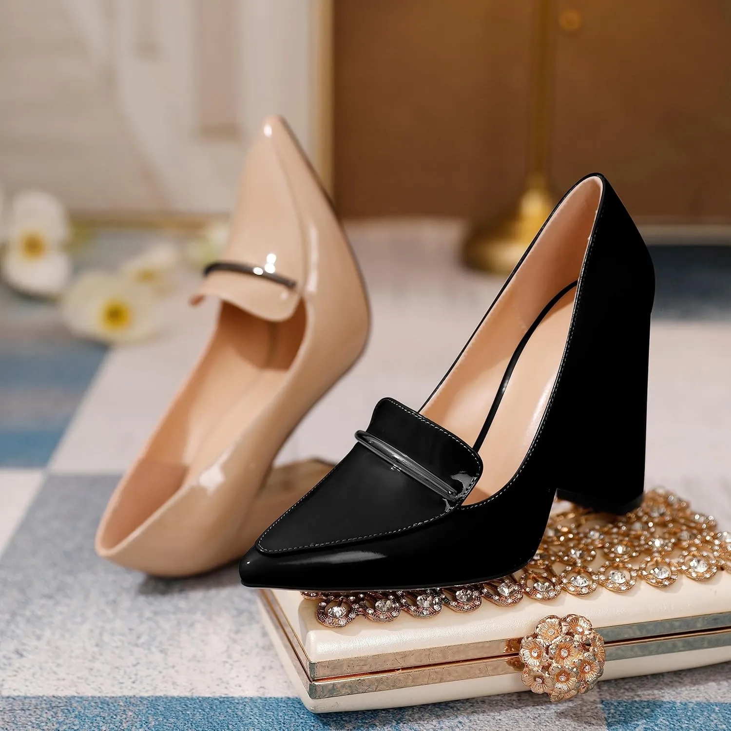 Esvowido Women's Chunky Heel Loafer Pumps with Trim High Block Heels Slip on Dress Shoes for Wedding Party Casual