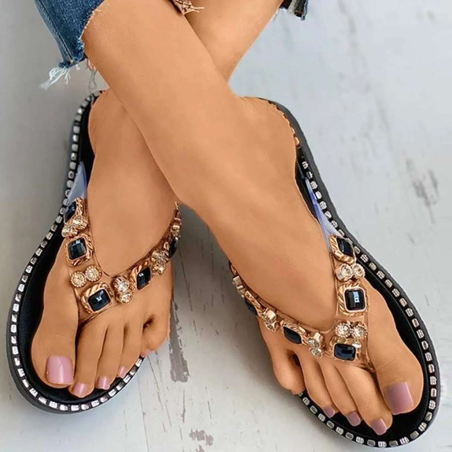 Flip Flops for Women Fashion Jewelry Casual Flat Comfortable Beach Open Toe Shoes Shower Sandals Indoor Outdoor