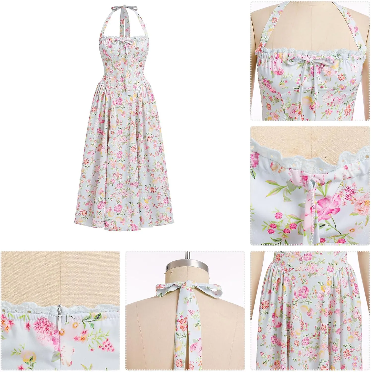 Floral Corset Dress Solid Long Dress Sleeveless Halter Low Cut Dress Open Back Bustier Midi Dress Summer