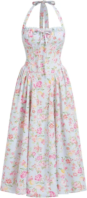 Floral Corset Dress Solid Long Dress Sleeveless Halter Low Cut Dress Open Back Bustier Midi Dress Summer