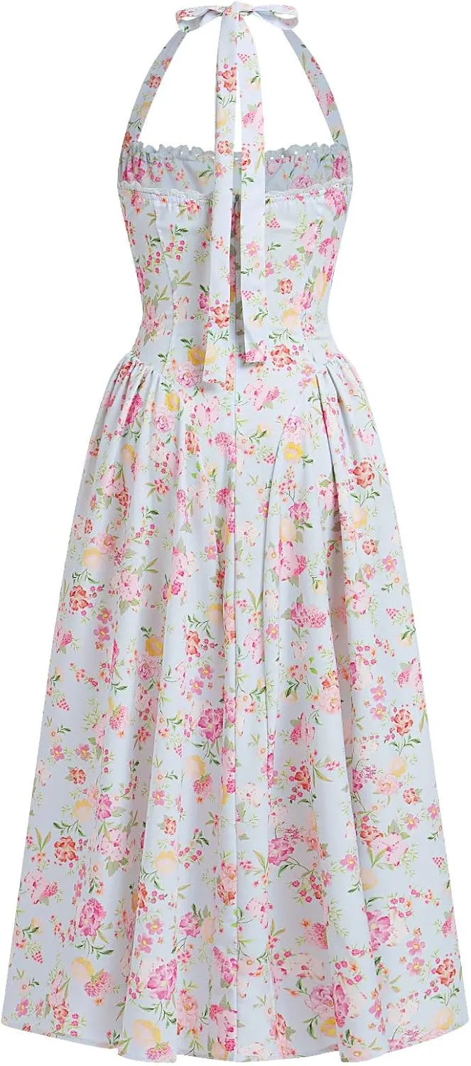 Floral Corset Dress Solid Long Dress Sleeveless Halter Low Cut Dress Open Back Bustier Midi Dress Summer