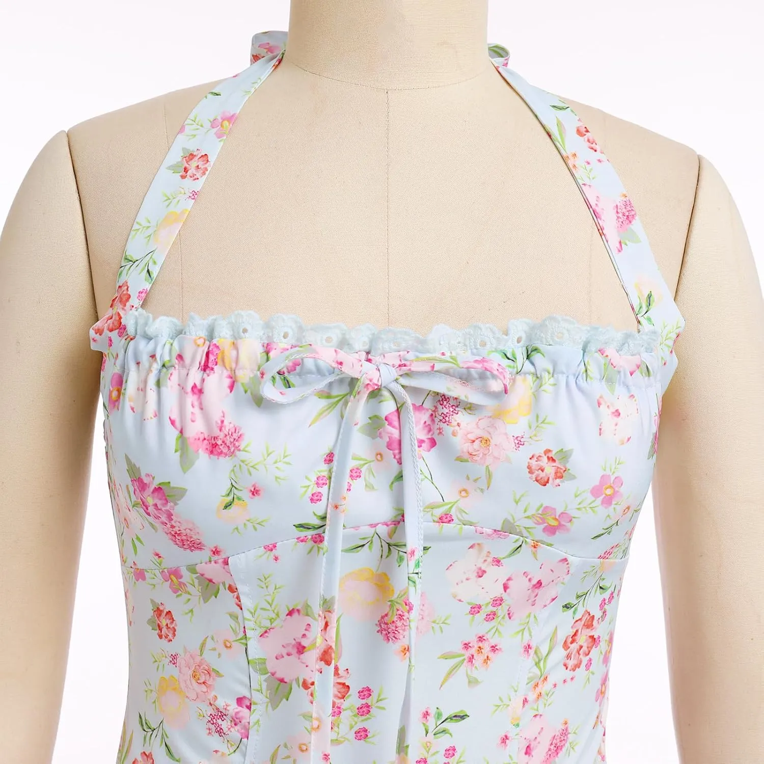 Floral Corset Dress Solid Long Dress Sleeveless Halter Low Cut Dress Open Back Bustier Midi Dress Summer