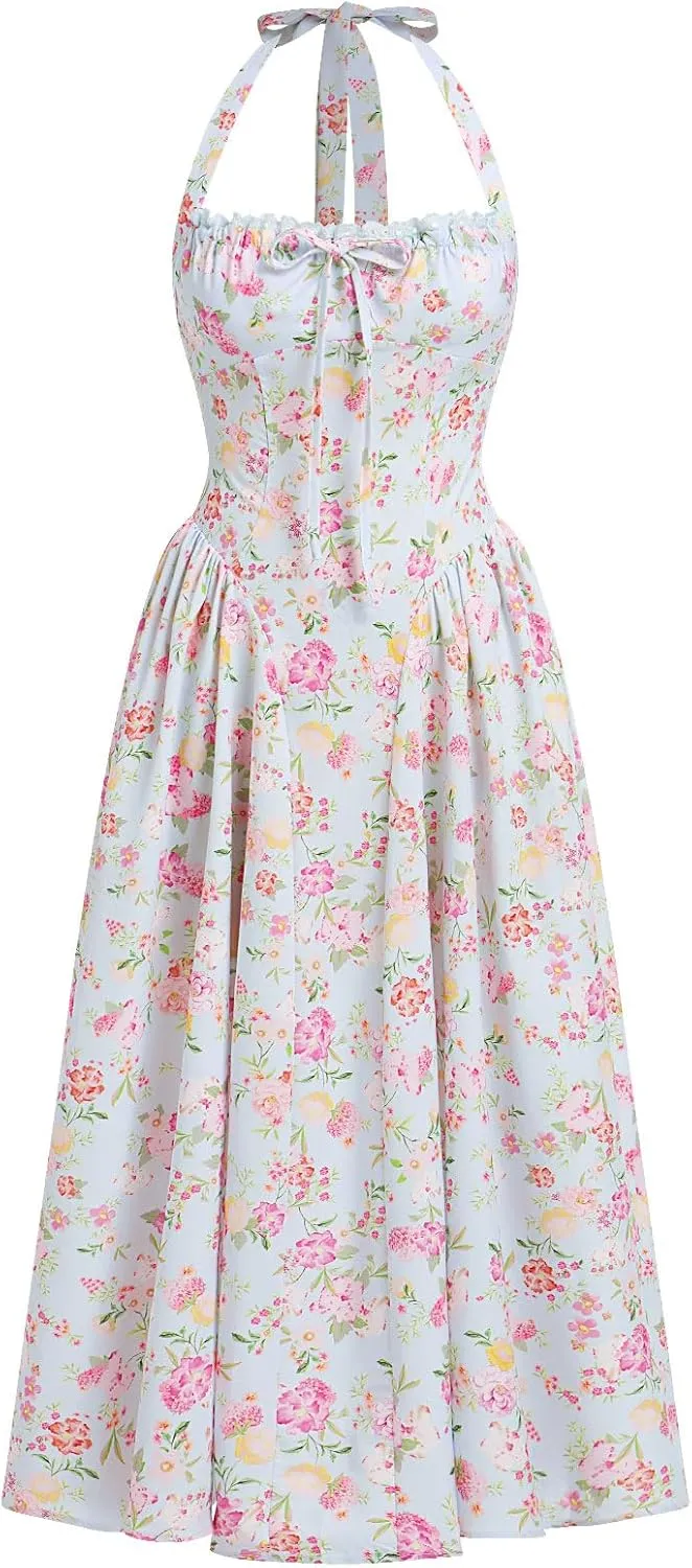 Floral Corset Dress Solid Long Dress Sleeveless Halter Low Cut Dress Open Back Bustier Midi Dress Summer