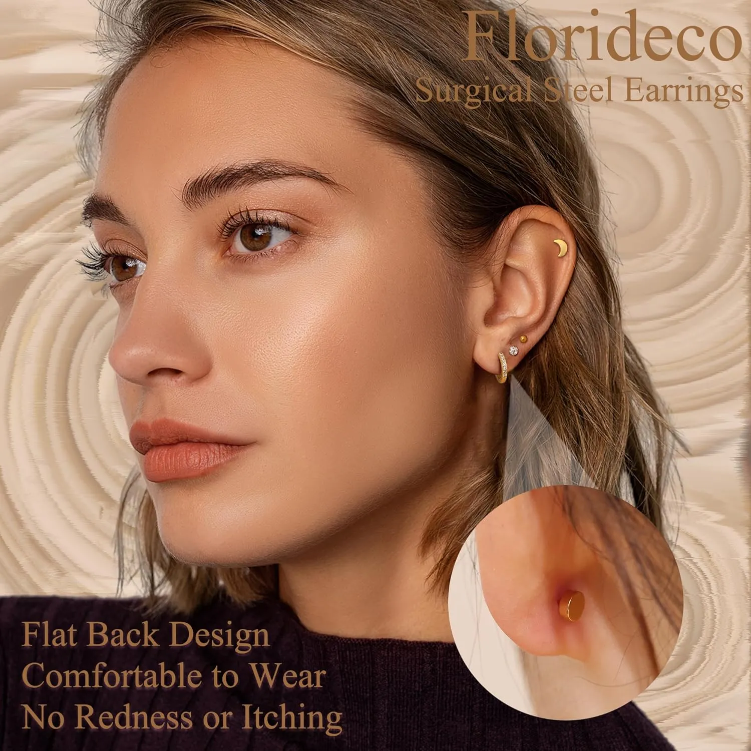 Florideco Small Gold Earrings for Women Hypoallergenic 20G Surgical Stainless Steel Flat Back Stud Earrings Dainty Stackable Earring Stacks Hoop Cartilage Earring Sets for Multiple Piercing