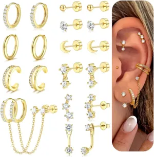 Florideco Small Gold Earrings for Women Hypoallergenic 20G Surgical Stainless Steel Flat Back Stud Earrings Dainty Stackable Earring Stacks Hoop Cartilage Earring Sets for Multiple Piercing