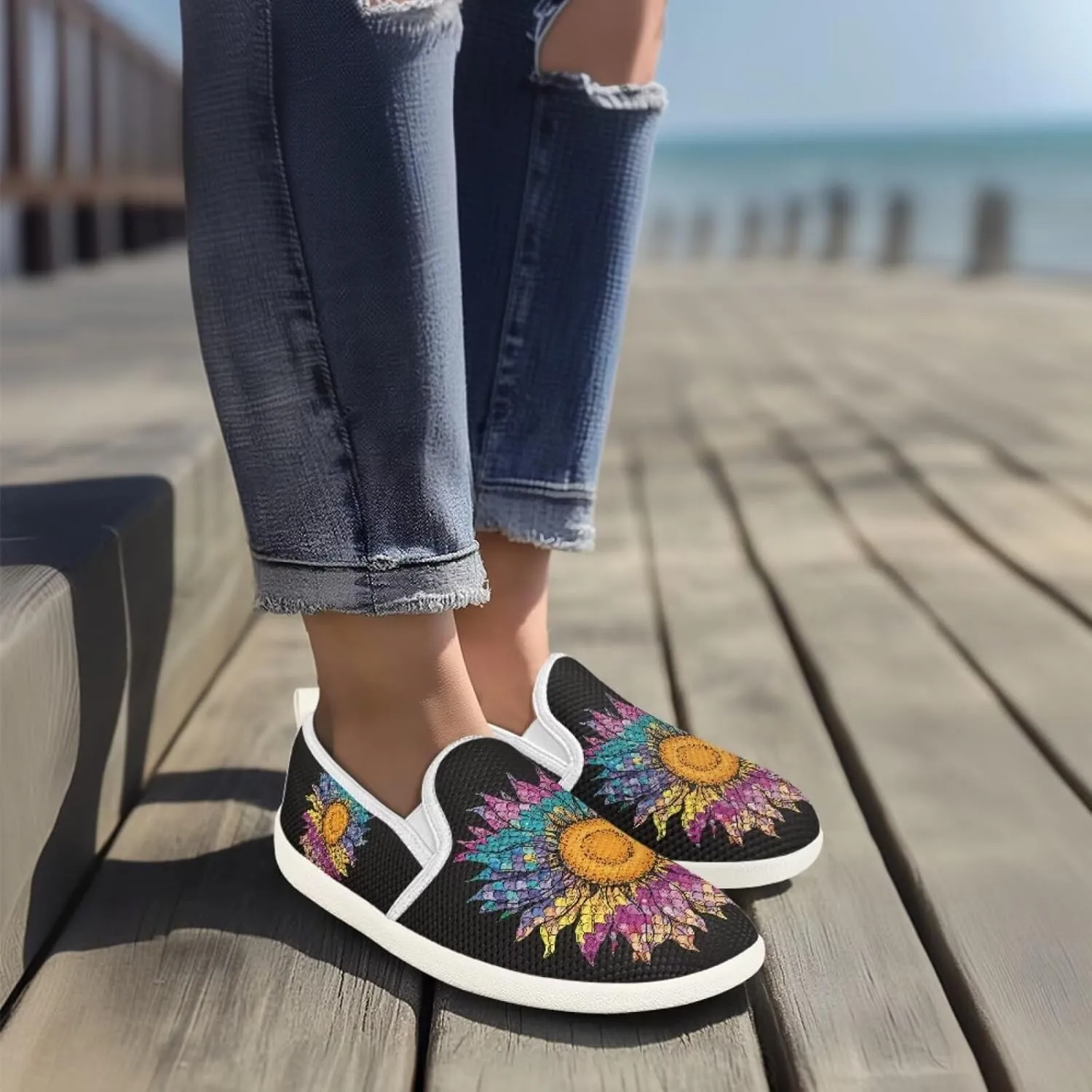 Flower Pattern Flat Mesh Shoes | Slip-Resistant Work Shoes & Tennis Shoes | Comfortable & Stylish Shoes for Women