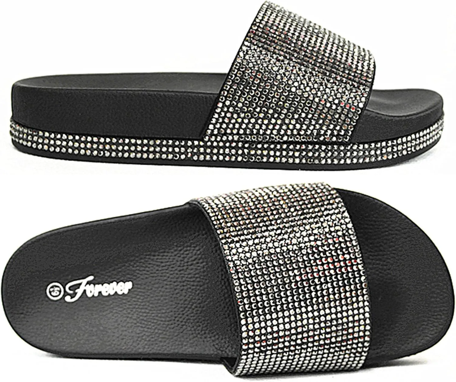 Forever Link Viste-07 Rhinestone Glitter Slide Slip On Flatform Footbed Sandal Slippers (7, Black-07)
