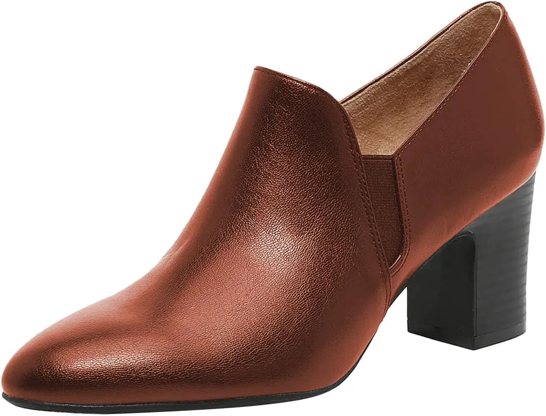 FOWT Women High Chunky Heel Pumps Pointed Toe Side Elastic Band Loafers,Classic Solid Color Slip On Ankle Boots,Office Party Dress Shoes Size 4-16 M US