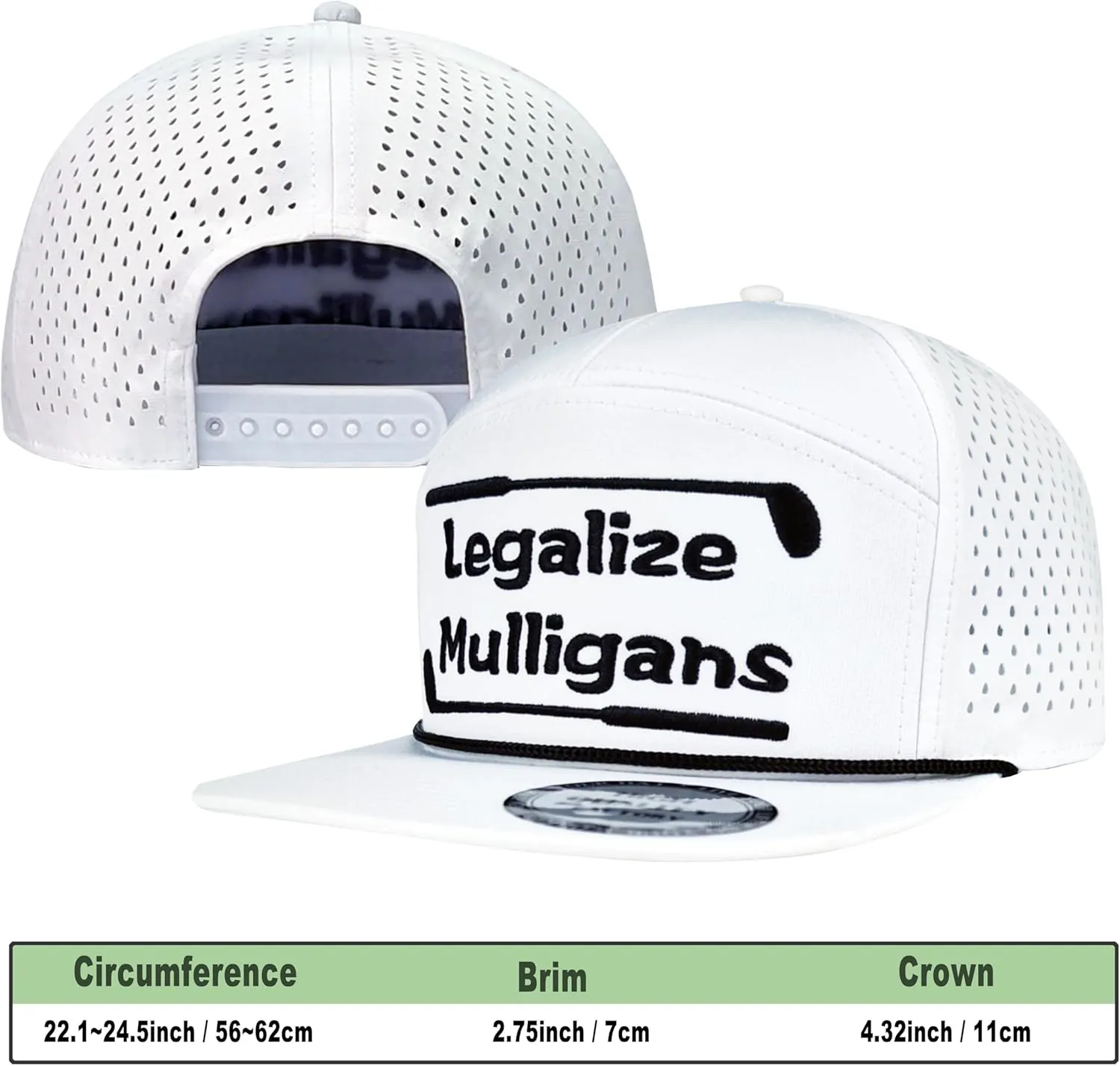 Funny Golf Hat for Men - Flat Bill Snapback Rope Hat, Black/White