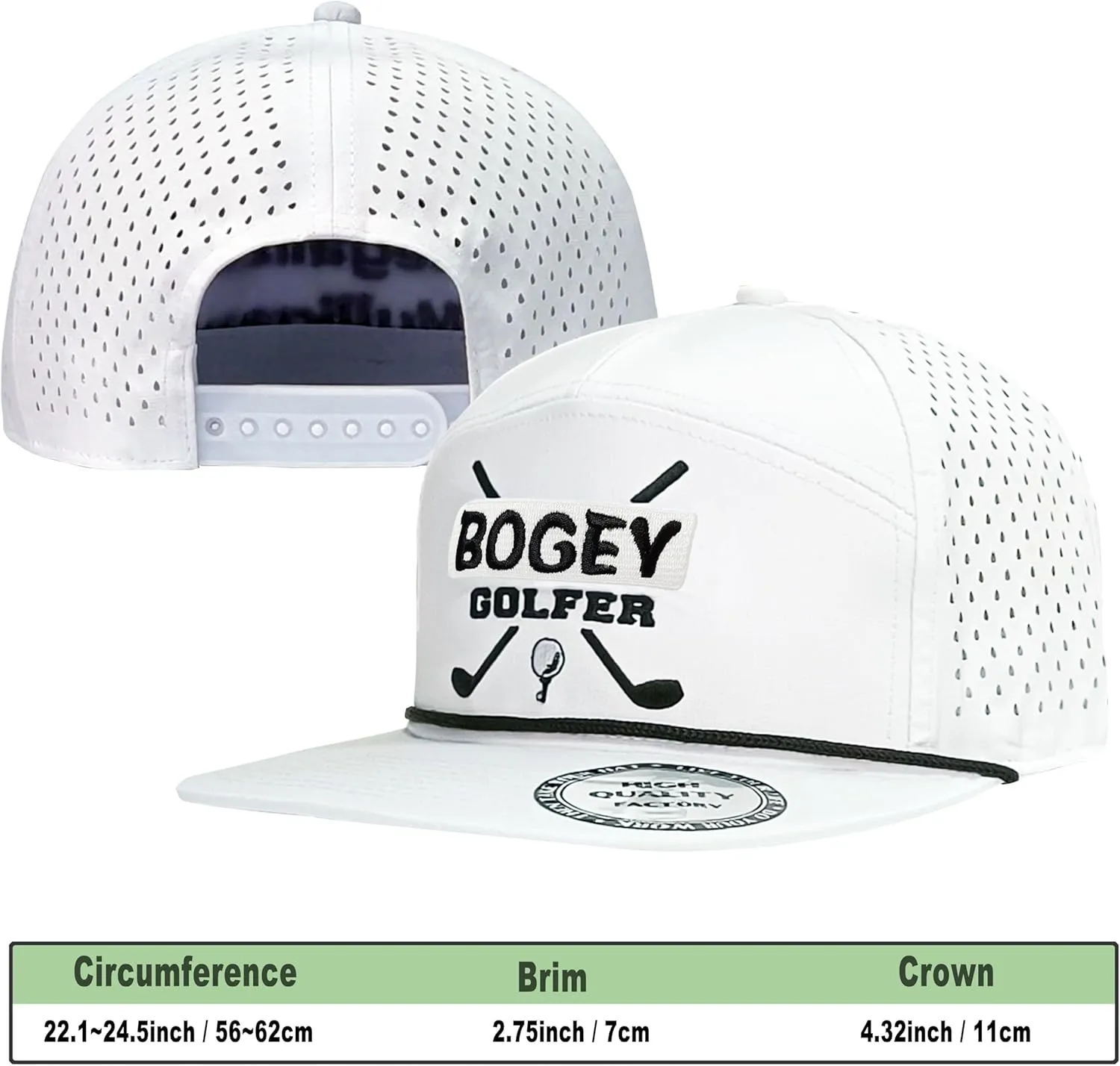 Funny Golf Hat for Men - Flat Bill Snapback Rope Hat, Black/White