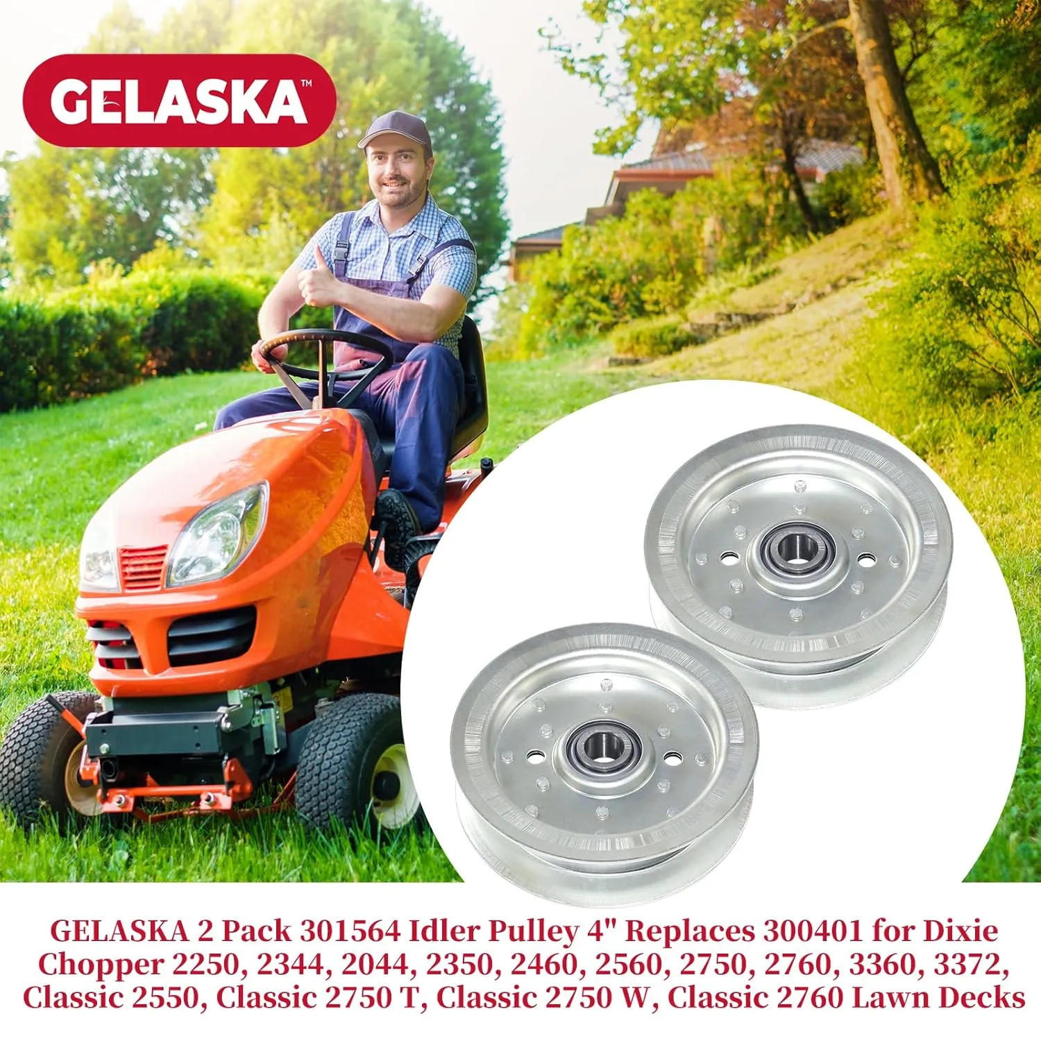 GELASKA 2 Pack 301564 Idler Pulley Replace Dixie Chopper 300401, Rotary 13413 for Dixie Chopper 2044, 2250, 2344, 2350, 2460, 2560, 2650, 2750, 2760, 3360, 3372 Mowers