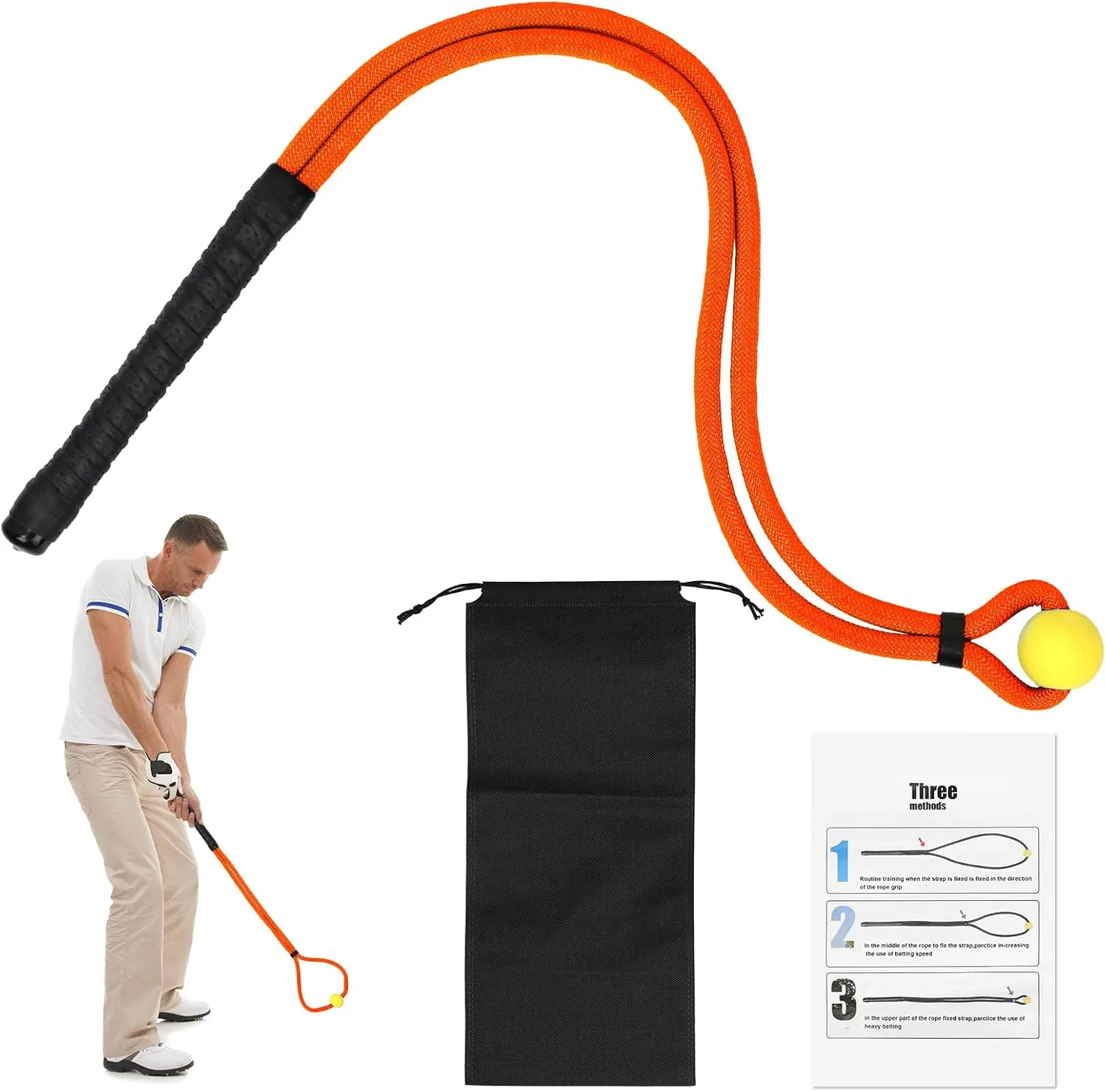 Golf Rope Swing Trainer, Professional Portable Golf Rope Swing Training Aid Accessory with Storage Bag Warm-up Equipment for Golfers Strength Control & Speed Improvement (Orange)