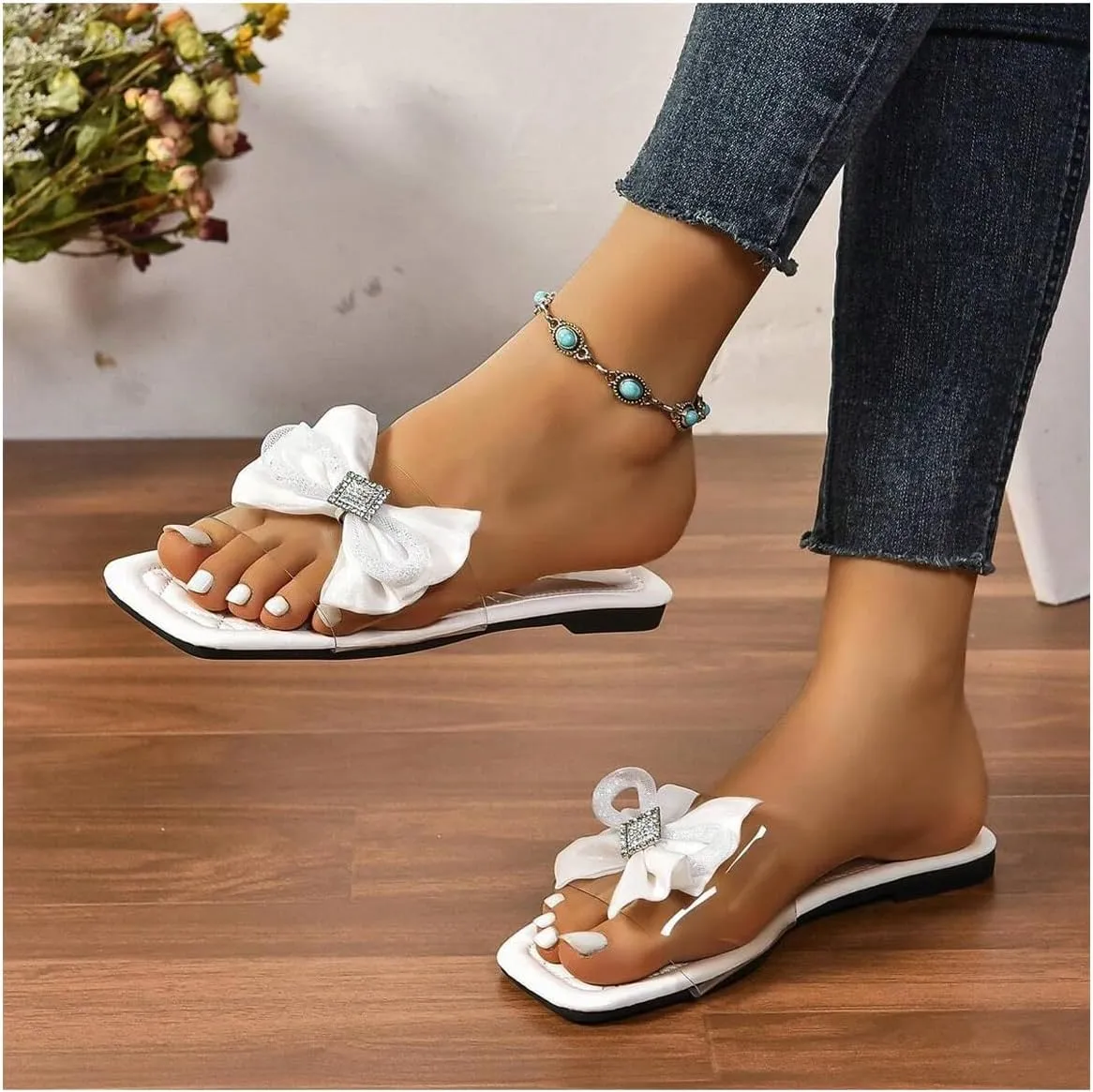 GORGLITTER Women's Clear Flats Bow Sandals Summer Vacation Wedding Shoes Open Toe Comfortable Slides