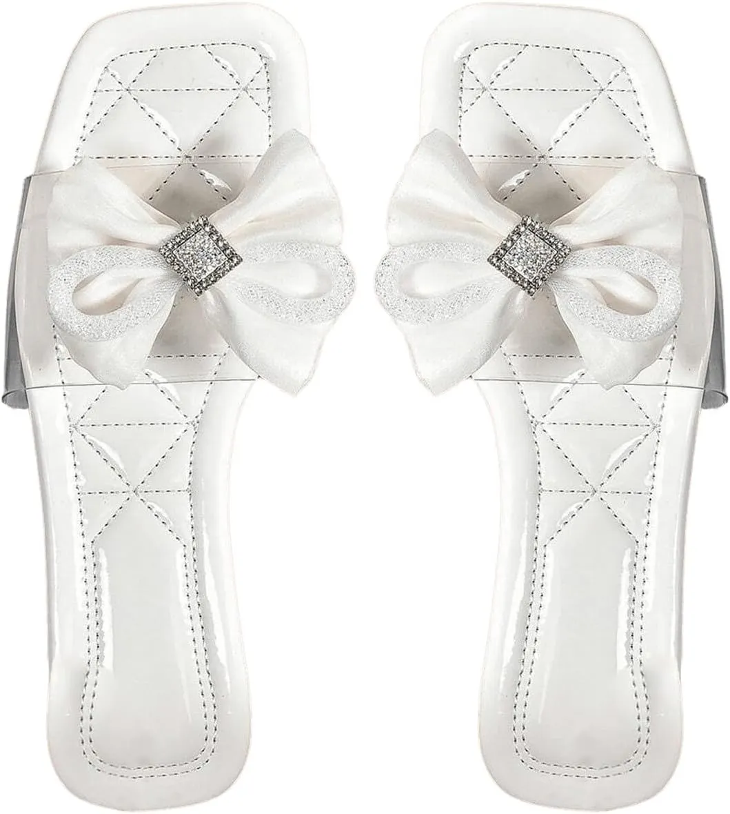 GORGLITTER Women's Clear Flats Bow Sandals Summer Vacation Wedding Shoes Open Toe Comfortable Slides