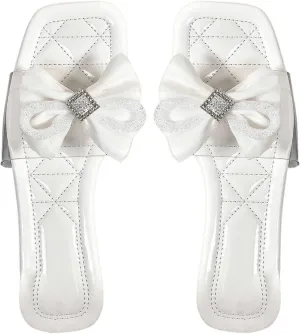 GORGLITTER Women's Clear Flats Bow Sandals Summer Vacation Wedding Shoes Open Toe Comfortable Slides