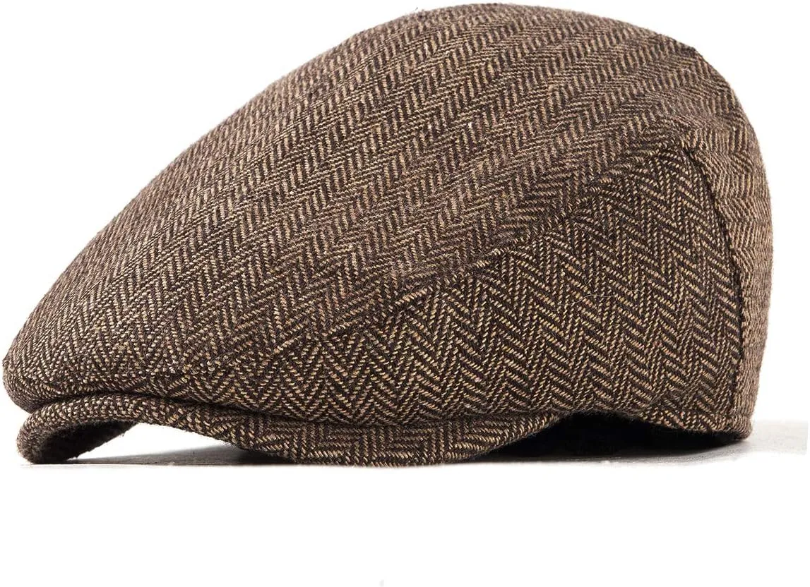 Herringbone Flat Ivy Newsboy Cap for Men Classic Wool Blend Tweed Cabbie Hat