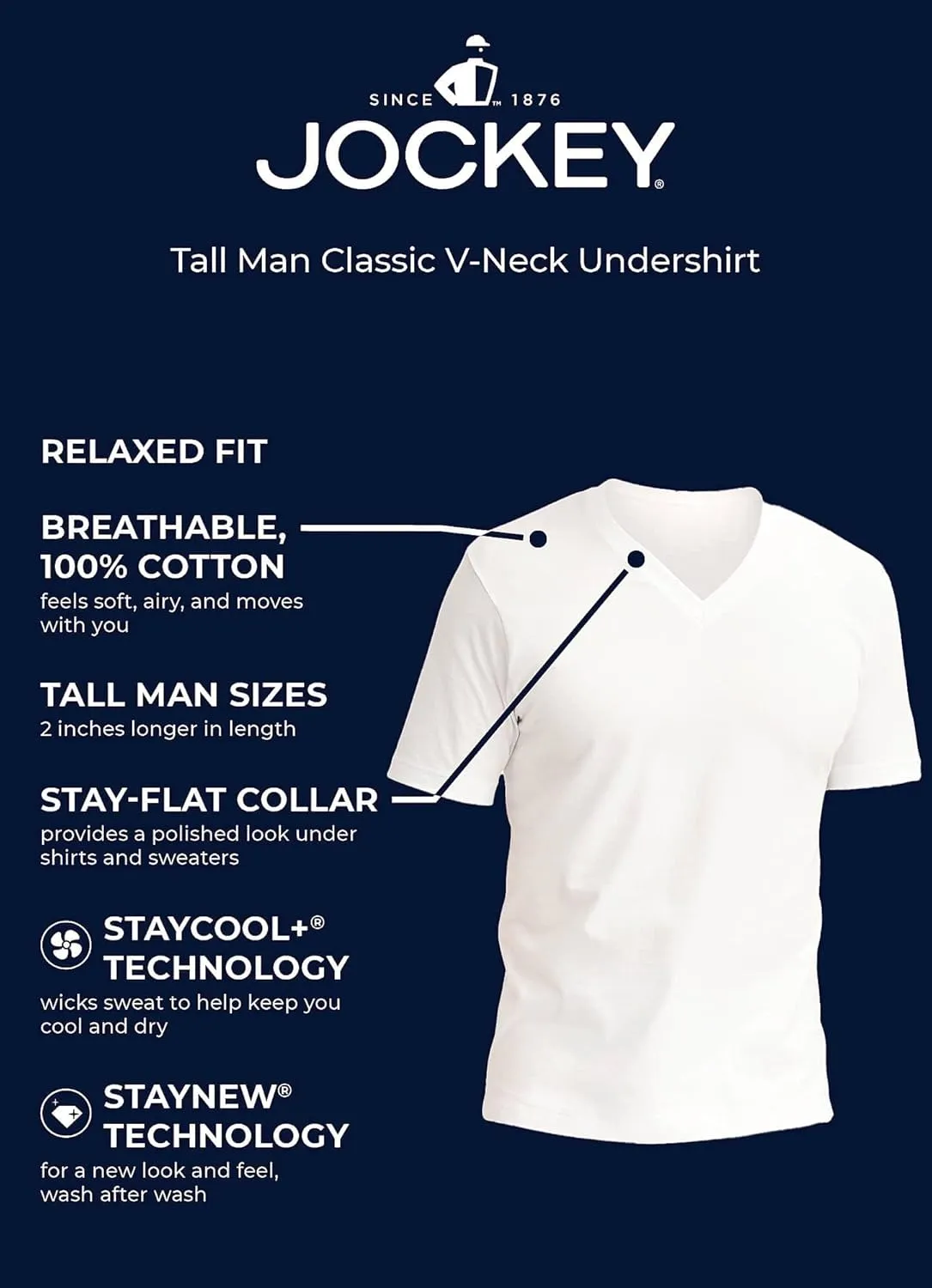 Jockey Men's Undershirt Tall Man Classic V-Neck Undershirt - 2 Pack