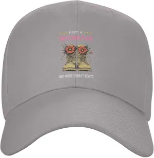 Just a Woman Who Wore Combat Boots Adjustable Gray Curved Bill Baseball Cap Comfortable Breathable Everyday Wear7