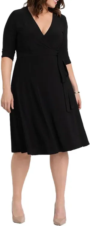Kiyonna Womens Black Stretch Tie Elbow Sleeve Surplice Neckline Below The Knee Wear to Work Wrap Dress Plus 4X